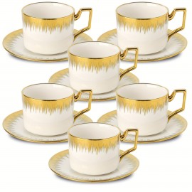 Conjunto de xícaras de cappuccino com pires, xícara de café e pires empilháveis de cerâmica de 8.5 oz com detalhes em dourado, conjunto de xícaras de café turco para duplo espresso, conjunto de xícaras de chá com 6 unidades