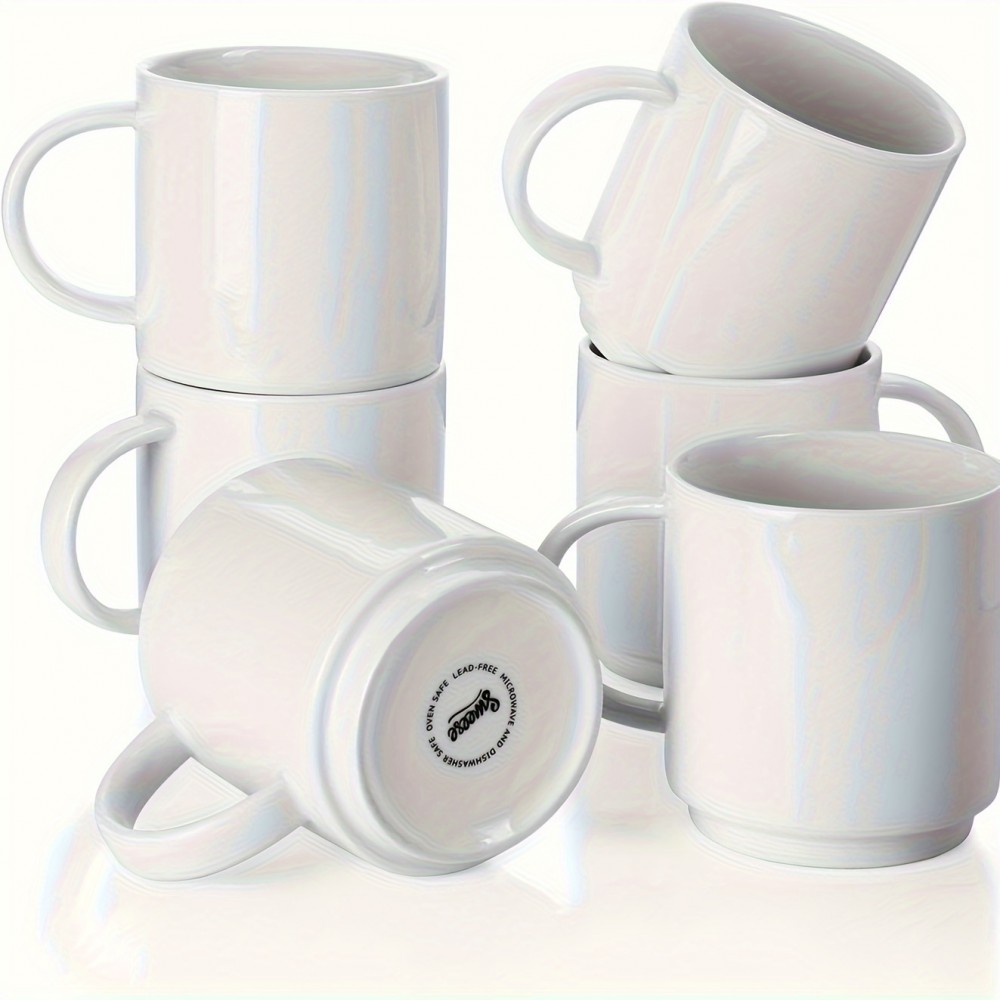 Conjunto de 6 canecas de café brancas empilháveis de 10 oz, canecas de café de porcelana com alça para bebidas de café especial, cappuccino, café mocha, latte e chá