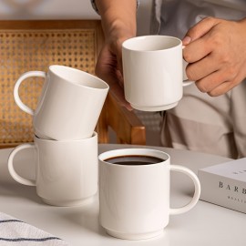 Conjunto de 6 canecas de café brancas empilháveis de 10 oz, canecas de café de porcelana com alça para bebidas de café especial, cappuccino, café mocha, latte e chá