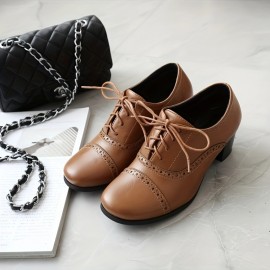 Sapatos de salto médio com bloco de dedo redondo, estilo vintage, com atacadores grossos, para mulheres, ideais para festas e vestidos.