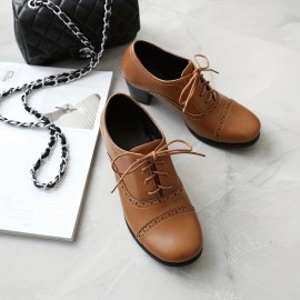Sapatos de salto médio com bloco de dedo redondo, estilo vintage, com atacadores grossos, para mulheres, ideais para festas e vestidos.