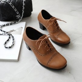 Sapatos de salto médio com bloco de dedo redondo, estilo vintage, com atacadores grossos, para mulheres, ideais para festas e vestidos.