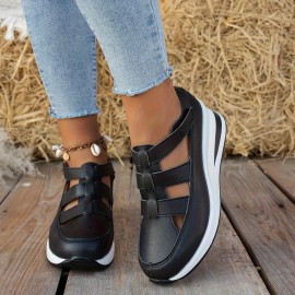 Sapatos casuais de encaixe para mulheres - Bico redondo, parte traseira fechada, design com cavidades, sola espessa, capa sintética em preto, branco, bege, etc., Confortáveis para usar em todas as estações, Calçados para todas as estações | Sapatos de bic
