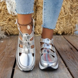 Sapatos casuais de encaixe para mulheres - Bico redondo, parte traseira fechada, design com cavidades, sola espessa, capa sintética em preto, branco, bege, etc., Confortáveis para usar em todas as estações, Calçados para todas as estações | Sapatos de bic