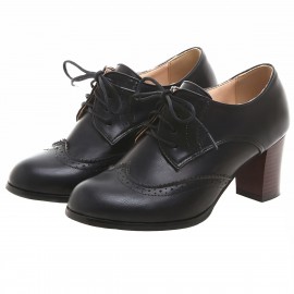 Sapatos de salto alto para mulheres com sola grossa, biqueira de asa de pássaro, biqueira redonda, atacadores, salto empilhado, estilo vintage, botas de salto alto com detalhes de brogue.