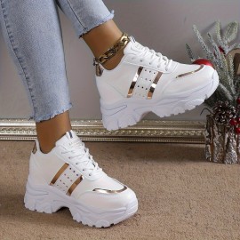 Tenis Femininos de Aumento de Altura - Branco com Detalhes Dourados, Plataforma Amortecida e Solado em PVC para Uso Diário e Eventos Formais - Confortáveis para Todas as Estações, Estilo Esportivo Chic, Calçado Sintético