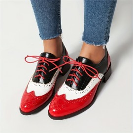 Botas de Oxford Femininas com Brogues, Cadarço Vintage, Bico Redondo, Sapatos Planos Formais para Negócios e Uso Casual, Salto Baixo Robusto, Para Todas as Estações