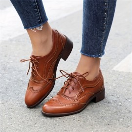 Botas de Oxford Femininas com Brogues, Cadarço Vintage, Bico Redondo, Sapatos Planos Formais para Negócios e Uso Casual, Salto Baixo Robusto, Para Todas as Estações