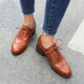 Botas de Oxford Femininas com Brogues, Cadarço Vintage, Bico Redondo, Sapatos Planos Formais para Negócios e Uso Casual, Salto Baixo Robusto, Para Todas as Estações