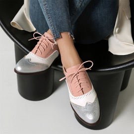 Botas de Oxford Femininas com Brogues, Cadarço Vintage, Bico Redondo, Sapatos Planos Formais para Negócios e Uso Casual, Salto Baixo Robusto, Para Todas as Estações