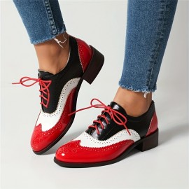 Botas de Oxford Femininas com Brogues, Cadarço Vintage, Bico Redondo, Sapatos Planos Formais para Negócios e Uso Casual, Salto Baixo Robusto, Para Todas as Estações