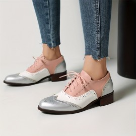 Botas de Oxford Femininas com Brogues, Cadarço Vintage, Bico Redondo, Sapatos Planos Formais para Negócios e Uso Casual, Salto Baixo Robusto, Para Todas as Estações
