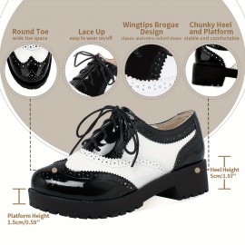 Sapatos de plataforma com salto grosso para mulheres, estilo Oxford com biqueira, cadarço, dedo redondo vintage e detalhes de brogue, em verniz