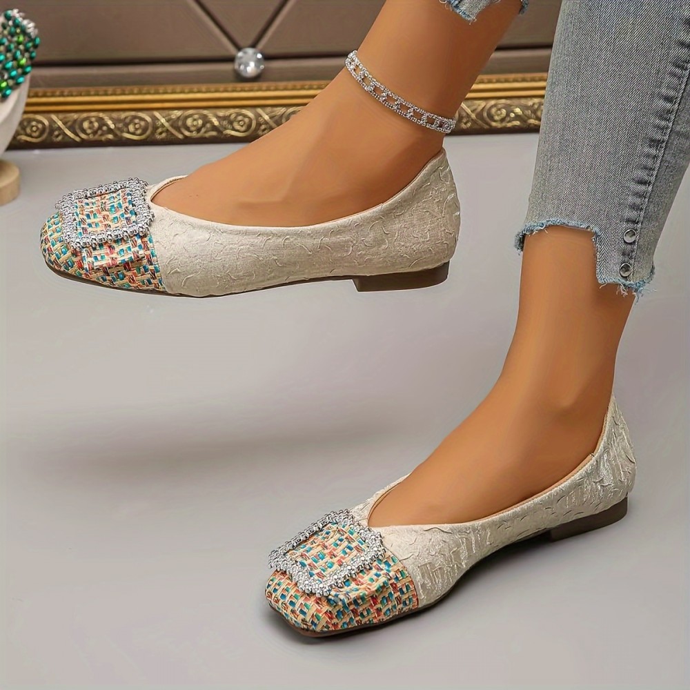 Sapatos de Festa Casuais para Senhoras com Embellimentos de Cristal e Padrão de Nuvem - Lavar à Mão, Leve e Apropriado para Todas as Estações