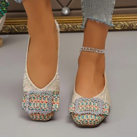 Sapatos de Festa Casuais para Senhoras com Embellimentos de Cristal e Padrão de Nuvem - Lavar à Mão, Leve e Apropriado para Todas as Estações