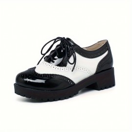 Sapatos Oxford Vintage para Mulheres com Ponta de Asa - Salto Grosso, Brogue com Cadarço e Forro de Tecido Respirável, Design de Ponta Redonda, Confortáveis para Trabalho, Casual e Ocasiões Especiais, Sapatos para Ocasiões Especiais | Sapatos Oxford Vinta