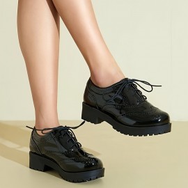 Sapatos Oxford Vintage para Mulheres com Ponta de Asa - Salto Grosso, Brogue com Cadarço e Forro de Tecido Respirável, Design de Ponta Redonda, Confortáveis para Trabalho, Casual e Ocasiões Especiais, Sapatos para Ocasiões Especiais | Sapatos Oxford Vinta