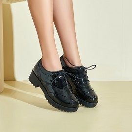 Sapatos Oxford Vintage para Mulheres com Ponta de Asa - Salto Grosso, Brogue com Cadarço e Forro de Tecido Respirável, Design de Ponta Redonda, Confortáveis para Trabalho, Casual e Ocasiões Especiais, Sapatos para Ocasiões Especiais | Sapatos Oxford Vinta