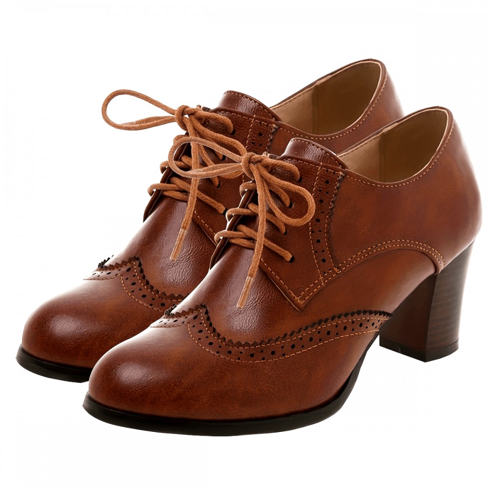 Sapatos Oxford Femininos Estilo Vintage, Cor Sólida com Bico Redondo, Cadarço e Salto Bloco com Sola de Borracha Antiderrapante e Palmilha de Tecido