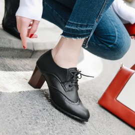 Sapatos femininos de salto alto com solado grosso, bico redondo, amarração de renda, estilo Oxford, salto grosso empilhado, sapatos femininos retrô