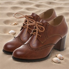 Sapatos femininos de salto alto com solado grosso, bico redondo, amarração de renda, estilo Oxford, salto grosso empilhado, sapatos femininos retrô