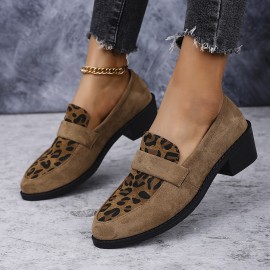Saltos Oxford femininos de primavera retrô com estampa de leopardo e salto grosso