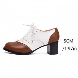 Women's Fashion Lace-up Color-Matching Brown, Black and White Thick-Heeled Oxford Shoes, Women's Fashion High Heels Le Fu Women's Shoes, British Brocade Carved High Heel Vintage Black and White Small Synthetic Leather Shoe Oxford Shoes, suitable for work 