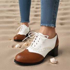 Women's Fashion Lace-up Color-Matching Brown, Black and White Thick-Heeled Oxford Shoes, Women's Fashion High Heels Le Fu Women's Shoes, British Brocade Carved High Heel Vintage Black and White Small Synthetic Leather Shoe Oxford Shoes, suitable for work 
