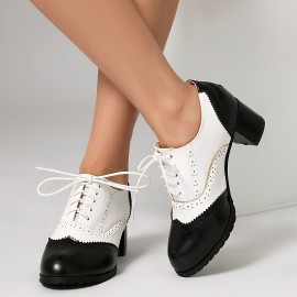 Women's Fashion Lace-up Color-Matching Brown, Black and White Thick-Heeled Oxford Shoes, Women's Fashion High Heels Le Fu Women's Shoes, British Brocade Carved High Heel Vintage Black and White Small Synthetic Leather Shoe Oxford Shoes, suitable for work 