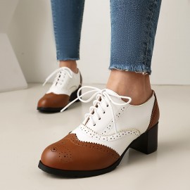 Women's Fashion Lace-up Color-Matching Brown, Black and White Thick-Heeled Oxford Shoes, Women's Fashion High Heels Le Fu Women's Shoes, British Brocade Carved High Heel Vintage Black and White Small Synthetic Leather Shoe Oxford Shoes, suitable for work 