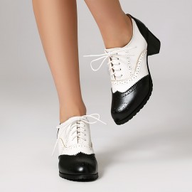 Women's Fashion Lace-up Color-Matching Brown, Black and White Thick-Heeled Oxford Shoes, Women's Fashion High Heels Le Fu Women's Shoes, British Brocade Carved High Heel Vintage Black and White Small Synthetic Leather Shoe Oxford Shoes, suitable for work 
