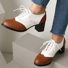 Women's Fashion Lace-up Color-Matching Brown, Black and White Thick-Heeled Oxford Shoes, Women's Fashion High Heels Le Fu Women's Shoes, British Brocade Carved High Heel Vintage Black and White Small Synthetic Leather Shoe Oxford Shoes, suitable for work 