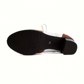 Women's Fashion Lace-up Color-Matching Brown, Black and White Thick-Heeled Oxford Shoes, Women's Fashion High Heels Le Fu Women's Shoes, British Brocade Carved High Heel Vintage Black and White Small Synthetic Leather Shoe Oxford Shoes, suitable for work 