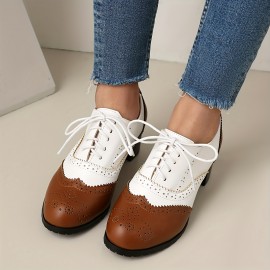 Women's Fashion Lace-up Color-Matching Brown, Black and White Thick-Heeled Oxford Shoes, Women's Fashion High Heels Le Fu Women's Shoes, British Brocade Carved High Heel Vintage Black and White Small Synthetic Leather Shoe Oxford Shoes, suitable for work 