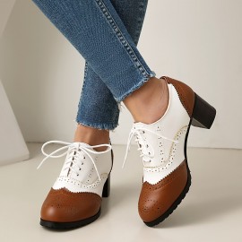 Women's Fashion Lace-up Color-Matching Brown, Black and White Thick-Heeled Oxford Shoes, Women's Fashion High Heels Le Fu Women's Shoes, British Brocade Carved High Heel Vintage Black and White Small Synthetic Leather Shoe Oxford Shoes, suitable for work 