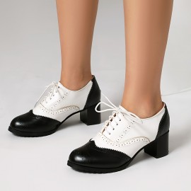 Women's Fashion Lace-up Color-Matching Brown, Black and White Thick-Heeled Oxford Shoes, Women's Fashion High Heels Le Fu Women's Shoes, British Brocade Carved High Heel Vintage Black and White Small Synthetic Leather Shoe Oxford Shoes, suitable for work 