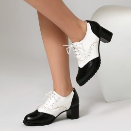 Women's Fashion Lace-up Color-Matching Brown, Black and White Thick-Heeled Oxford Shoes, Women's Fashion High Heels Le Fu Women's Shoes, British Brocade Carved High Heel Vintage Black and White Small Synthetic Leather Shoe Oxford Shoes, suitable for work 