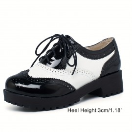Sapatos Oxford de salto grosso com amarração de renda para mulheres, plataforma vintage e bico redondo estilo brogue