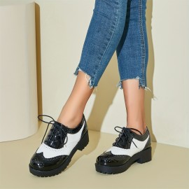 Sapatos Oxford de salto grosso com amarração de renda para mulheres, plataforma vintage e bico redondo estilo brogue