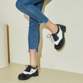 Sapatos Oxford de salto grosso com amarração de renda para mulheres, plataforma vintage e bico redondo estilo brogue