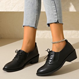 Sapatos Casuais Femininos Pretos de Cobertura Sintética - Bico Redondo, Design com Cadarço, Forro Confortável e Sola Durável em PU para Escritório, Trabalho, Eventos Formais, Calçado Casual | Design Chique de Sapato | Sapatos de Cobertura Sintética, Sapat