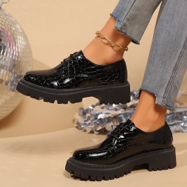 Sapatos Oxford elegantes para mulheres em preto - Parte superior de crocodilo sintético, sola de borracha antiderrapante, forro de tecido confortável, bico redondo, calçado versátil para todas as estações, sapato de senhora de alta qualidade