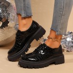 Sapatos Oxford elegantes para mulheres em preto - Parte superior de crocodilo sintético, sola de borracha antiderrapante, forro de tecido confortável, bico redondo, calçado versátil para todas as estações, sapato de senhora de alta qualidade