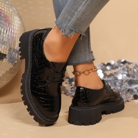 Sapatos Oxford elegantes para mulheres em preto - Parte superior de crocodilo sintético, sola de borracha antiderrapante, forro de tecido confortável, bico redondo, calçado versátil para todas as estações, sapato de senhora de alta qualidade