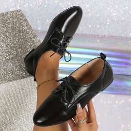 Oxfords Femininos de Estilo Britânico com Cadarço e Sintético - Sola Macia, Salto Baixo Confortável, Sapatos Baixos Versáteis para Uso Casual, Design de Bico Redondo Preto com Sola de Borracha para Conforto o Dia Todo