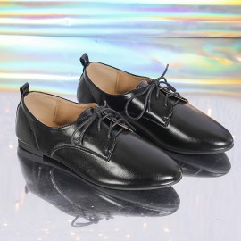 Oxfords Femininos de Estilo Britânico com Cadarço e Sintético - Sola Macia, Salto Baixo Confortável, Sapatos Baixos Versáteis para Uso Casual, Design de Bico Redondo Preto com Sola de Borracha para Conforto o Dia Todo