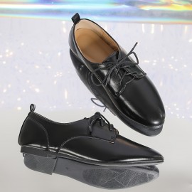 Oxfords Femininos de Estilo Britânico com Cadarço e Sintético - Sola Macia, Salto Baixo Confortável, Sapatos Baixos Versáteis para Uso Casual, Design de Bico Redondo Preto com Sola de Borracha para Conforto o Dia Todo