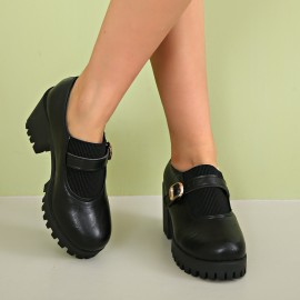 Oxford Feminino Preto com Salto Bloco e Tira de Fivela - Sapatos Plataforma Elegantes para Todas as Estações, Casuais ou Formais