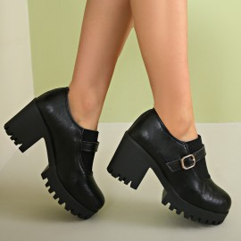 Oxford Feminino Preto com Salto Bloco e Tira de Fivela - Sapatos Plataforma Elegantes para Todas as Estações, Casuais ou Formais