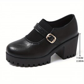 Oxford Feminino Preto com Salto Bloco e Tira de Fivela - Sapatos Plataforma Elegantes para Todas as Estações, Casuais ou Formais
